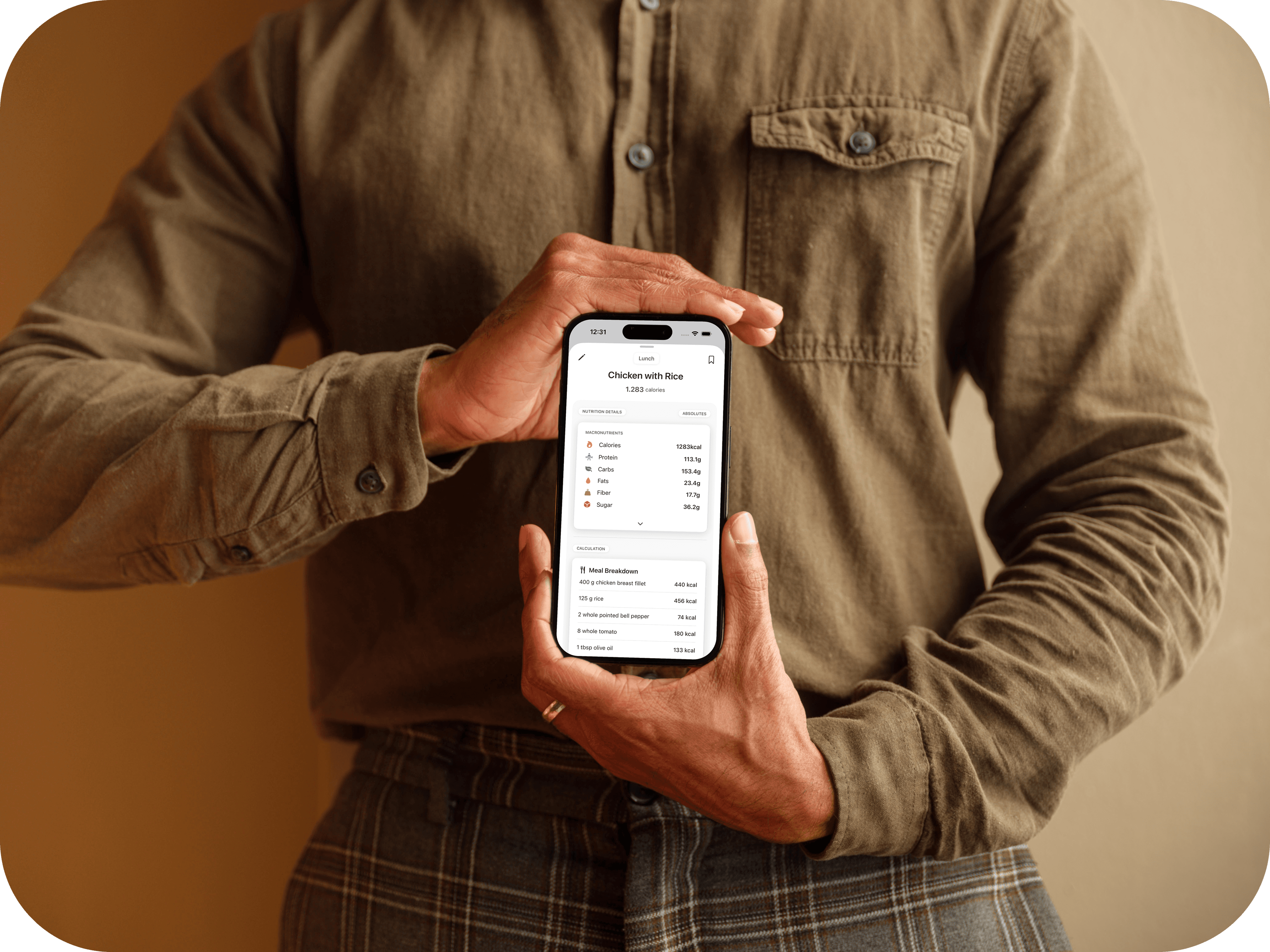 Person holding phone showing Calog app