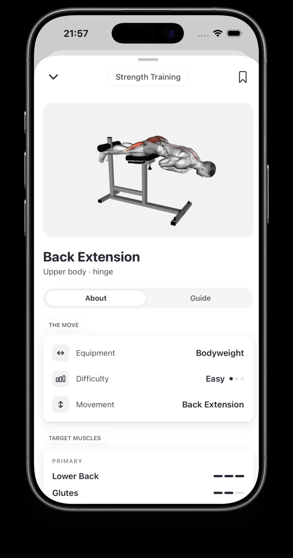 The calog exercise detail screen for a Back Extension, showing equipment, difficulty and target muscles
